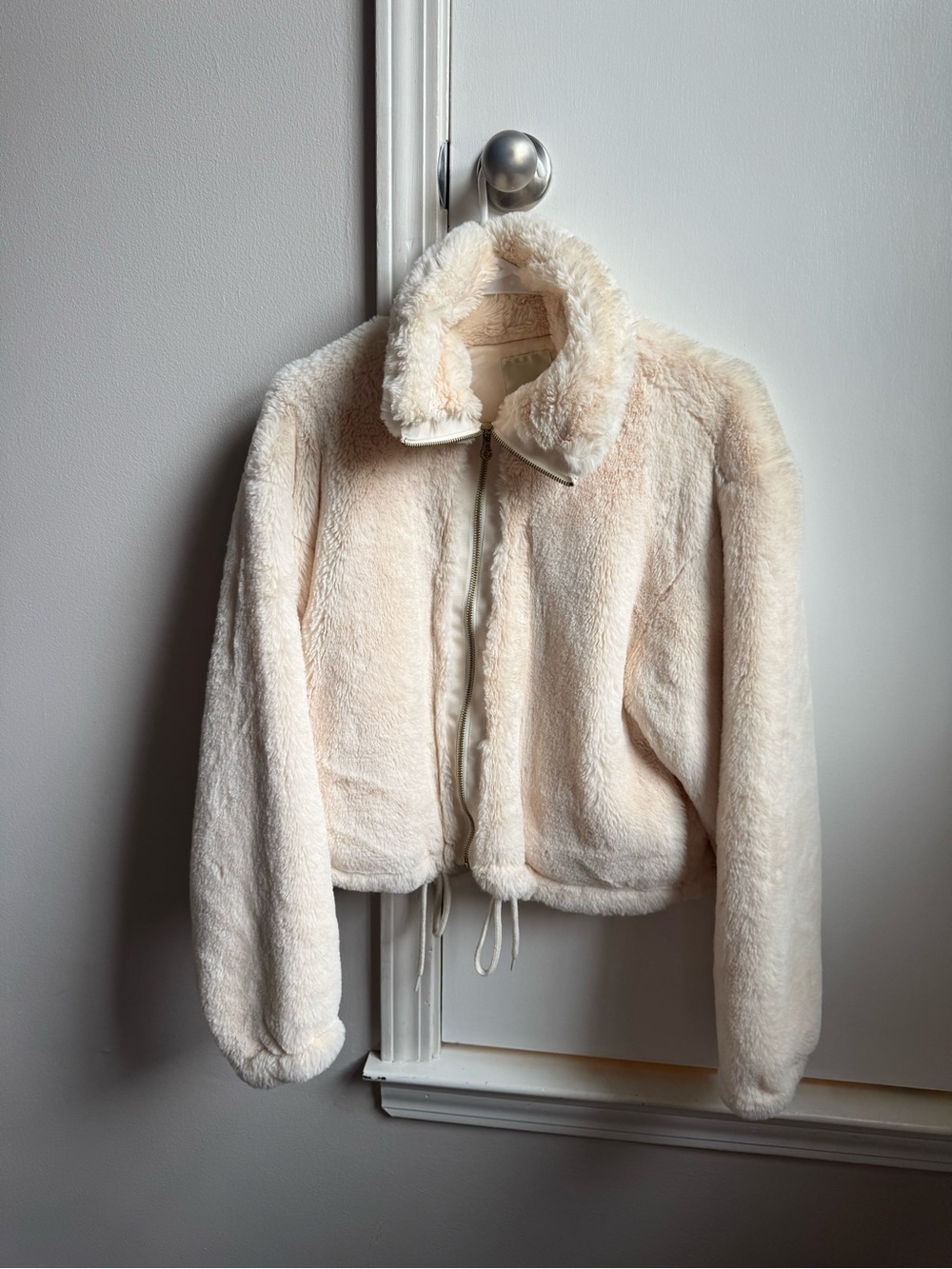 Anthropologie Cream Faux Fur Zip Jacket